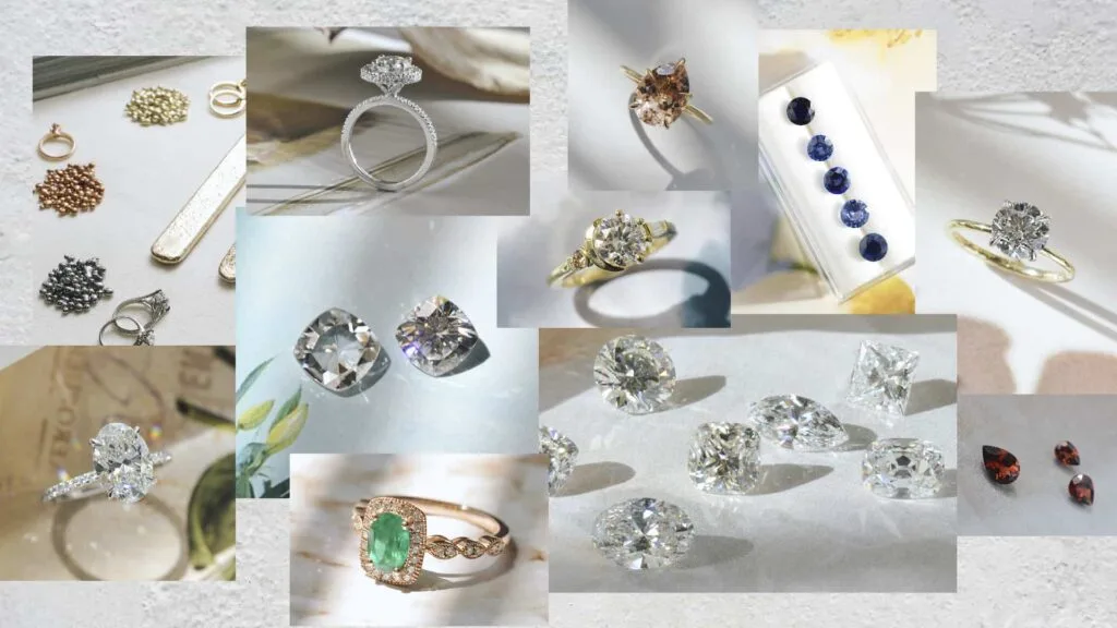 Collage of loose diamonds, coloured gemstones, sketches and finished rings showing every option