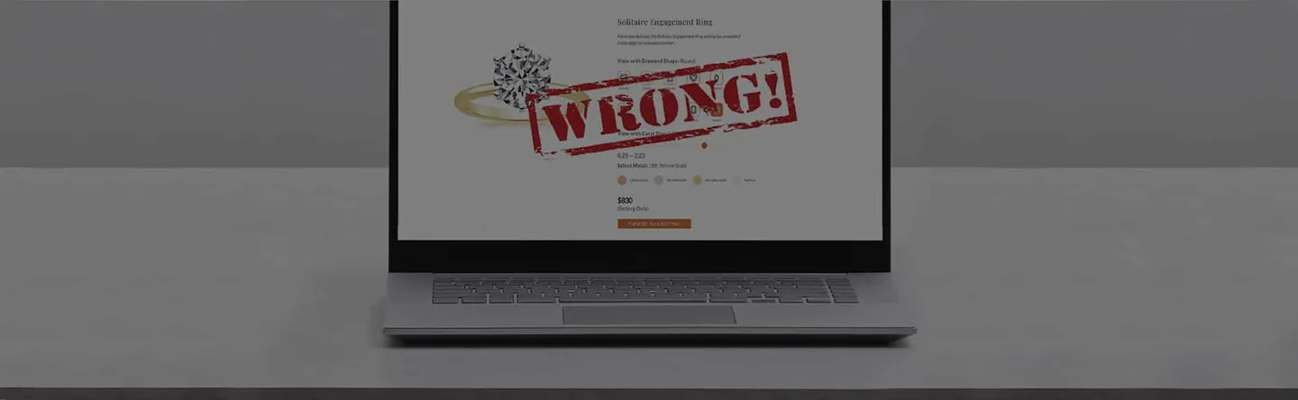 Laptop screen with a ring listing stamped WRONG, poster for the video on why never to buy an engagement ring online