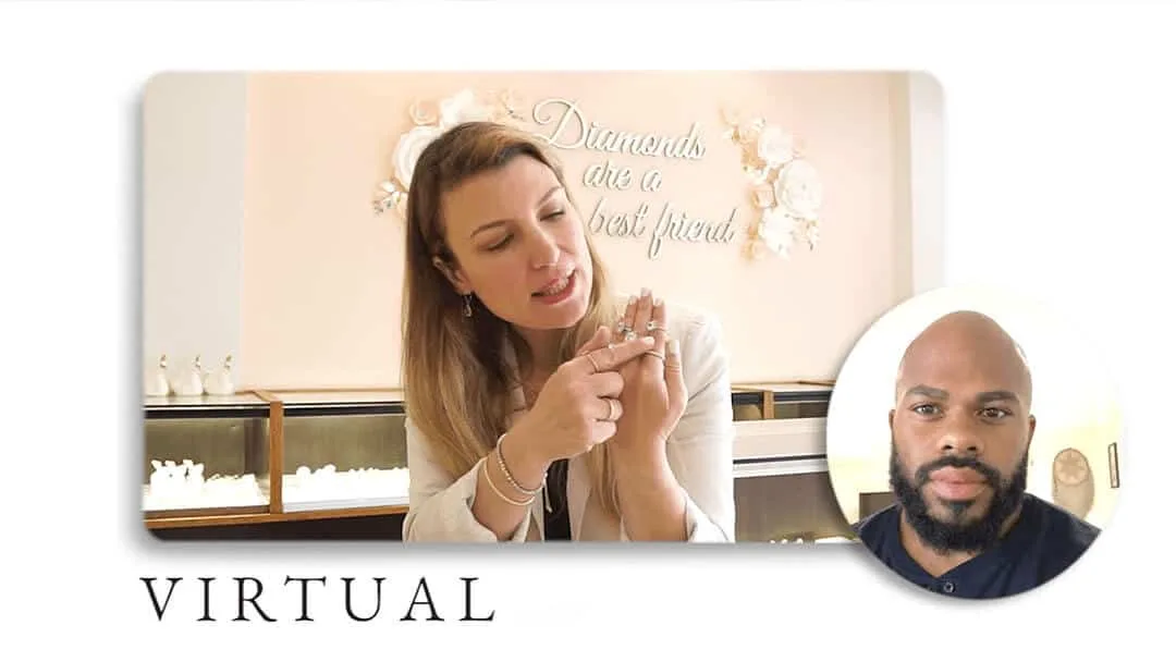 Virtual consultation: a consultant shows a ring on a video call with the client in the corner