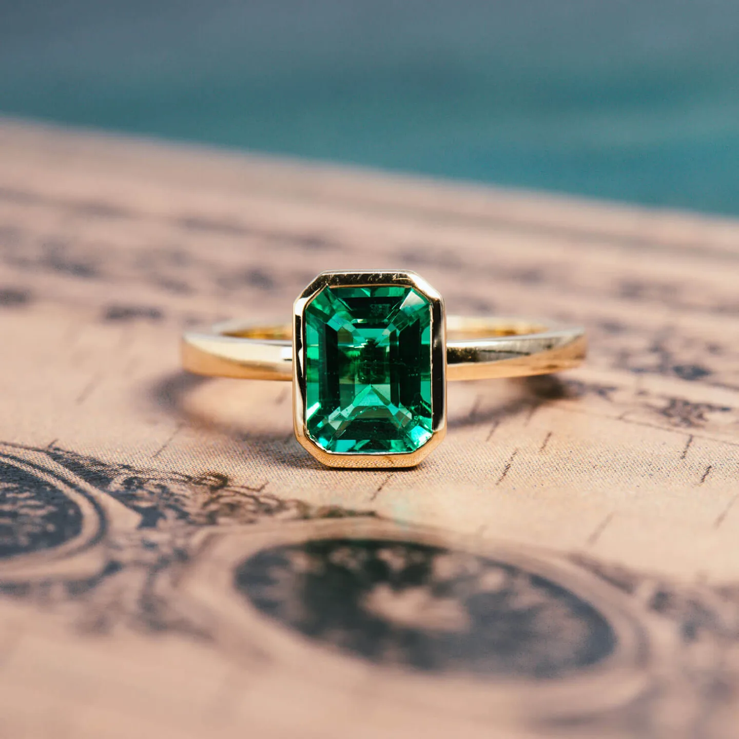 Bezel-set emerald-cut green emerald ring in yellow gold on a vintage map