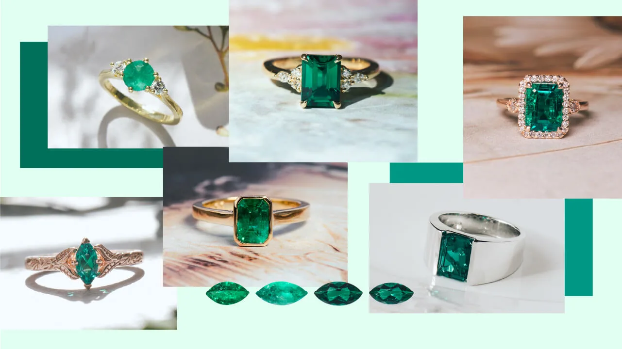 Collage of green emerald engagement rings in yellow gold and platinum with loose emeralds, poster for the emerald video