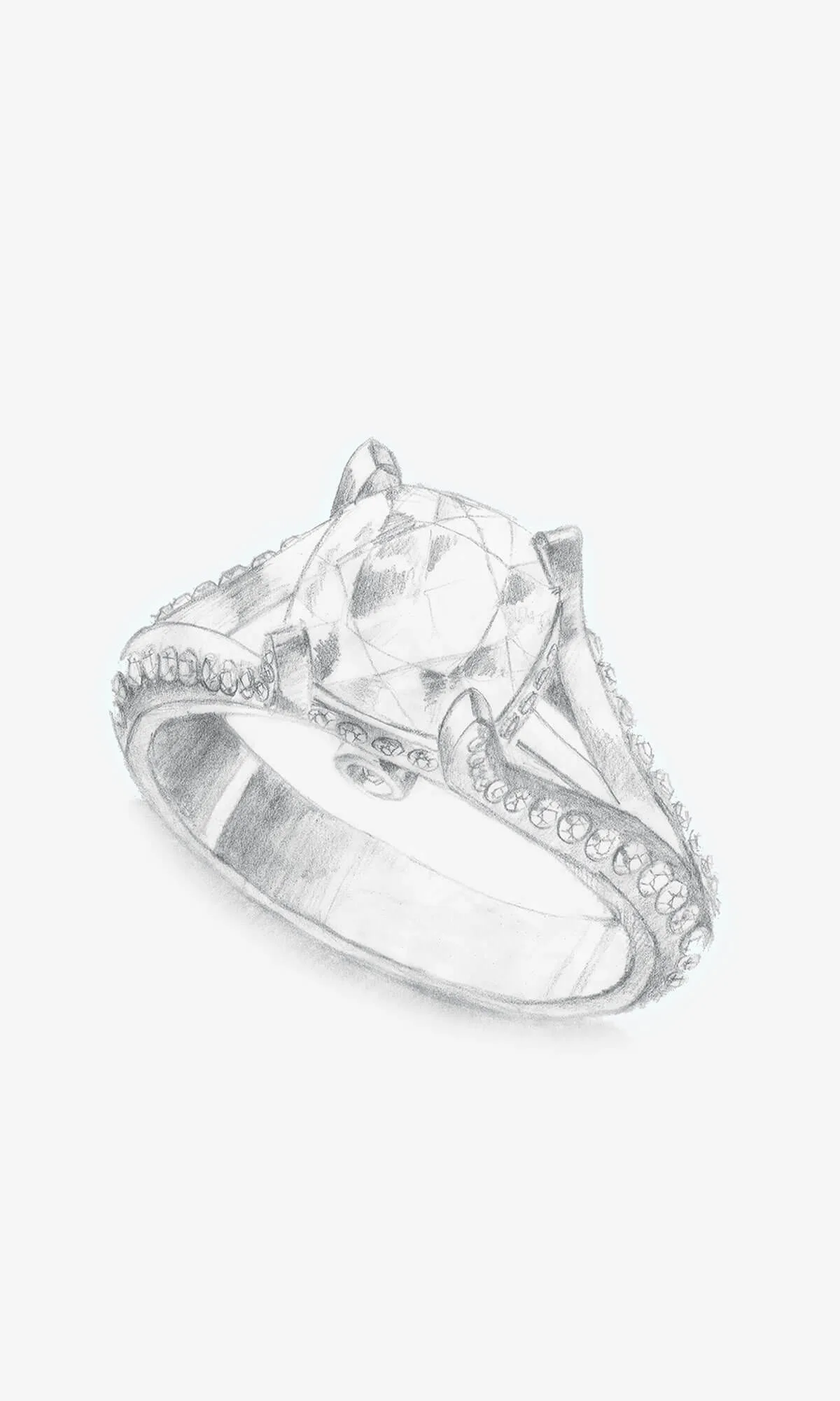 Pencil-shaded rendering of a cushion-cut engagement ring with a split pavé shank