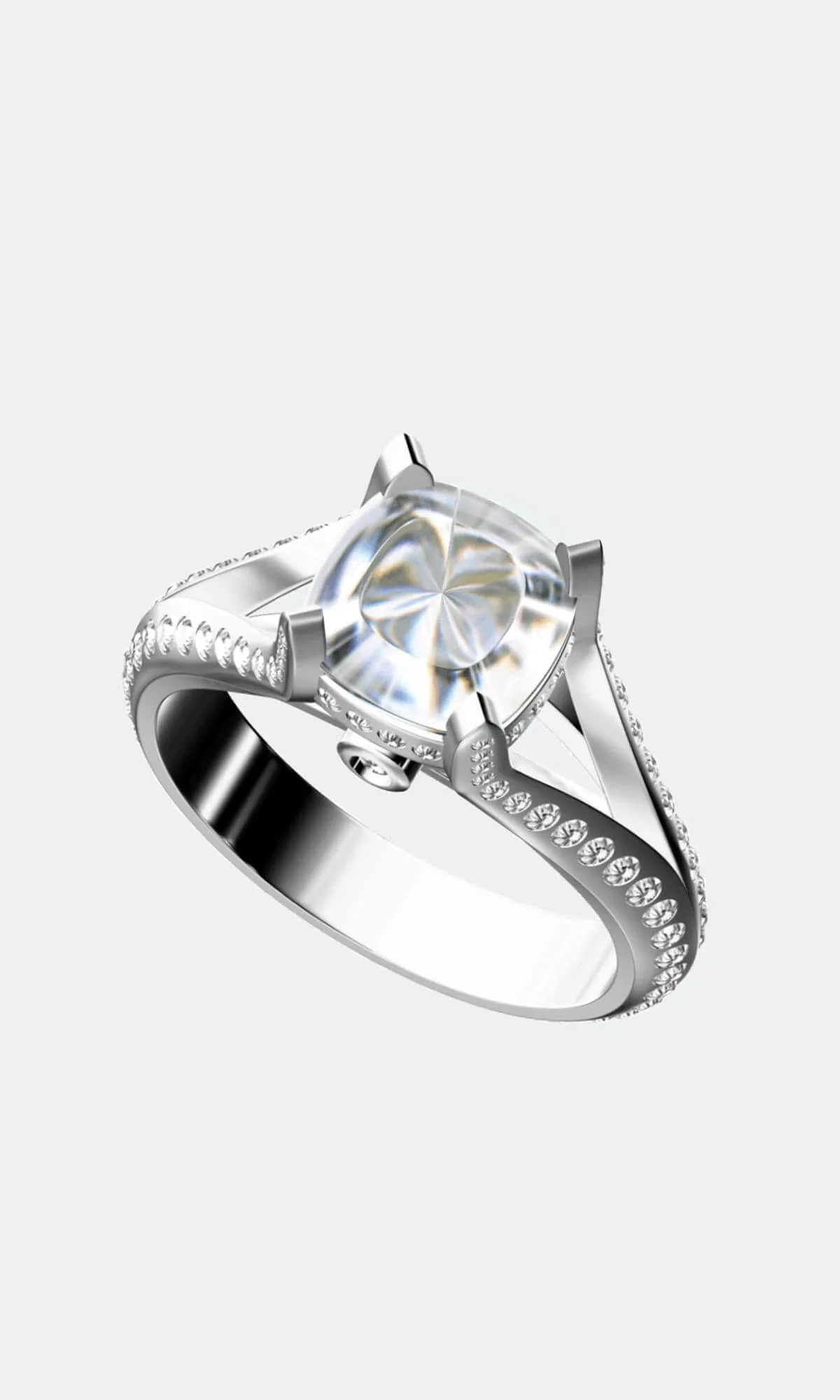 Digital rendering of a cushion-cut solitaire engagement ring in white metal with a pavé split shank