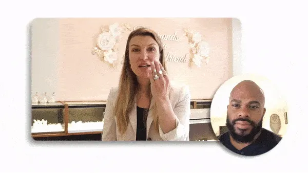 A designer showing rings to a client on a video call, first frame of the Virtually, In-store or Online clip