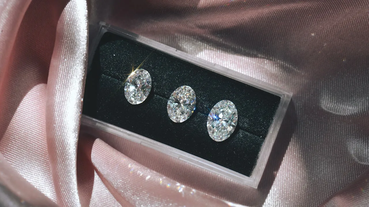Three oval diamonds in a black tray on pink satin, first frame of the lab versus natural comparison video