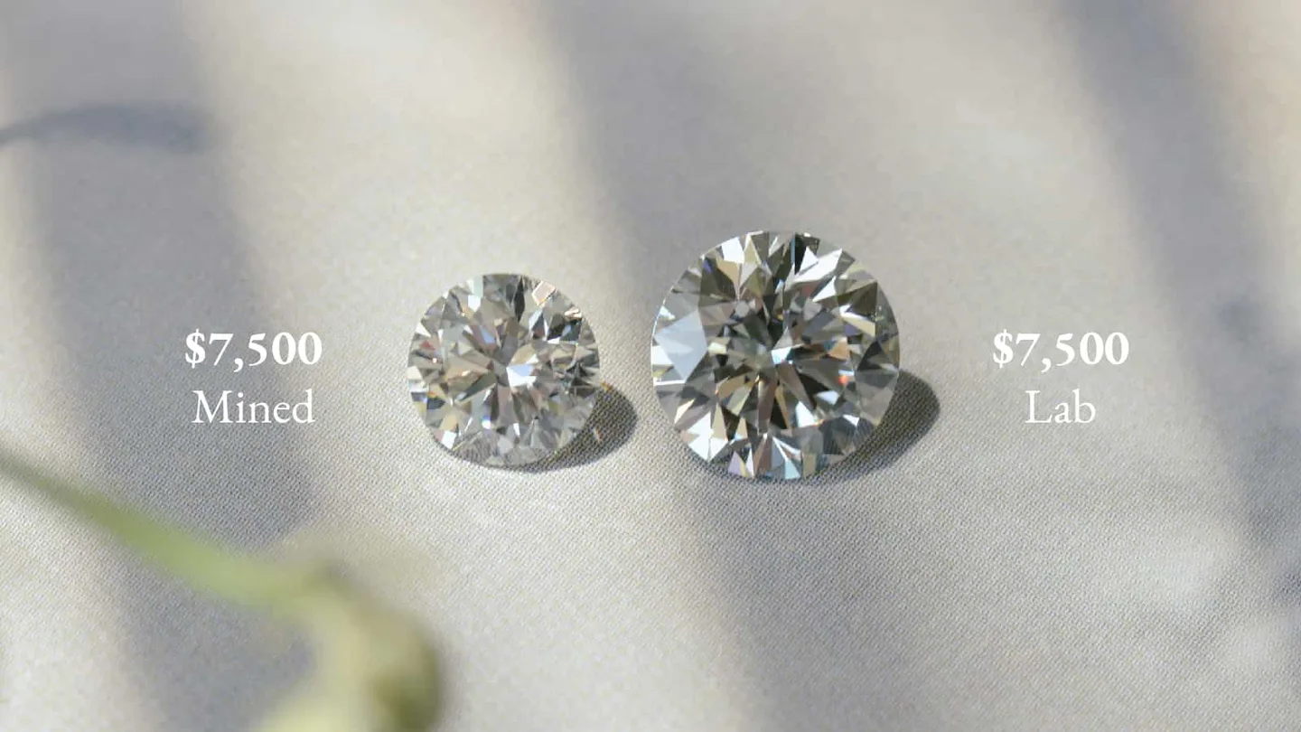 Two round diamonds at the same $7,500 budget, the mined stone smaller than the lab-grown one