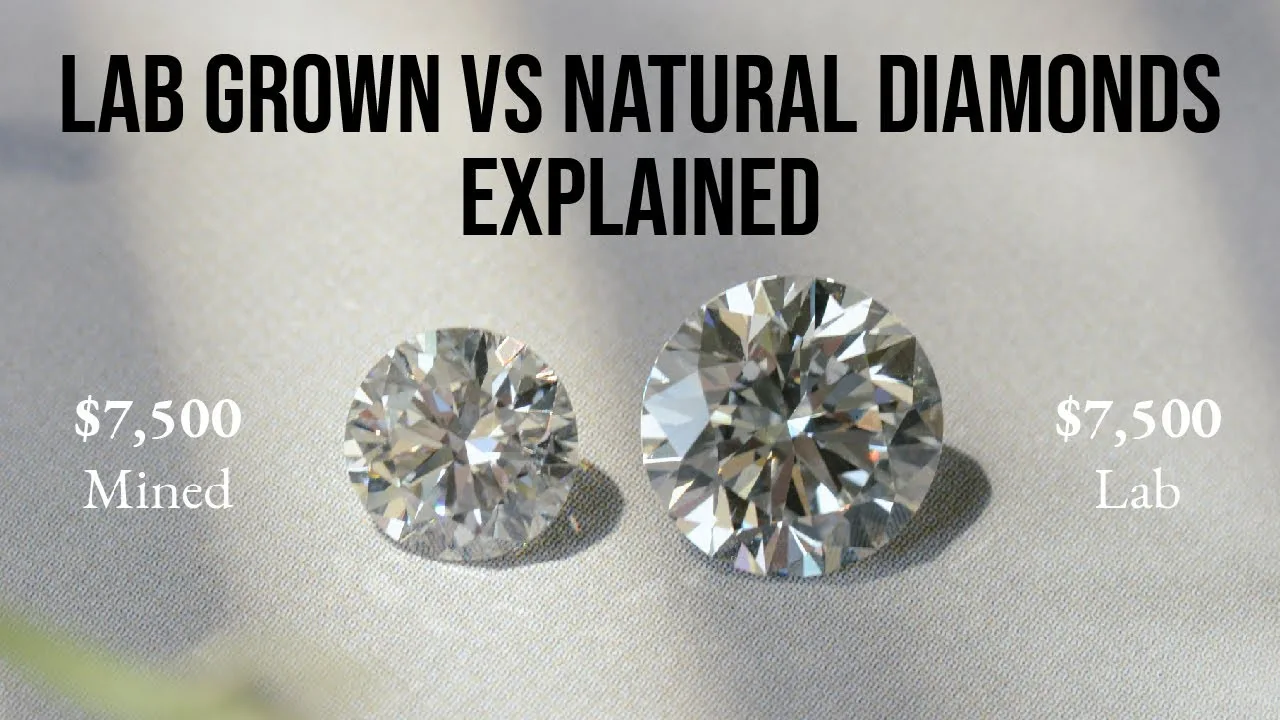 Video poster: Lab grown vs natural diamonds explained, two round diamonds each priced $7,500, mined and lab