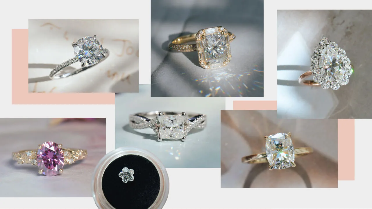Collage of custom moissanite engagement rings in yellow and white gold, poster for the moissanite video