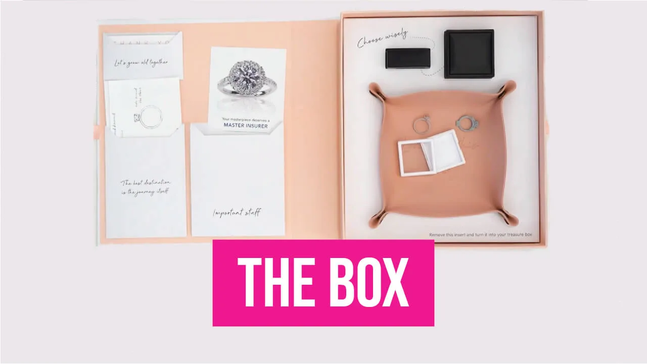 The Box video poster: Engage Studio ring packaging with a blush box, card, pouch and ring