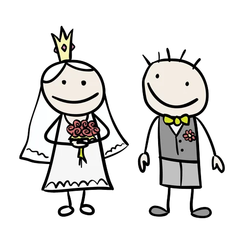 Cartoon of a bride in a veil and tiara holding a bouquet beside a groom in a grey suit