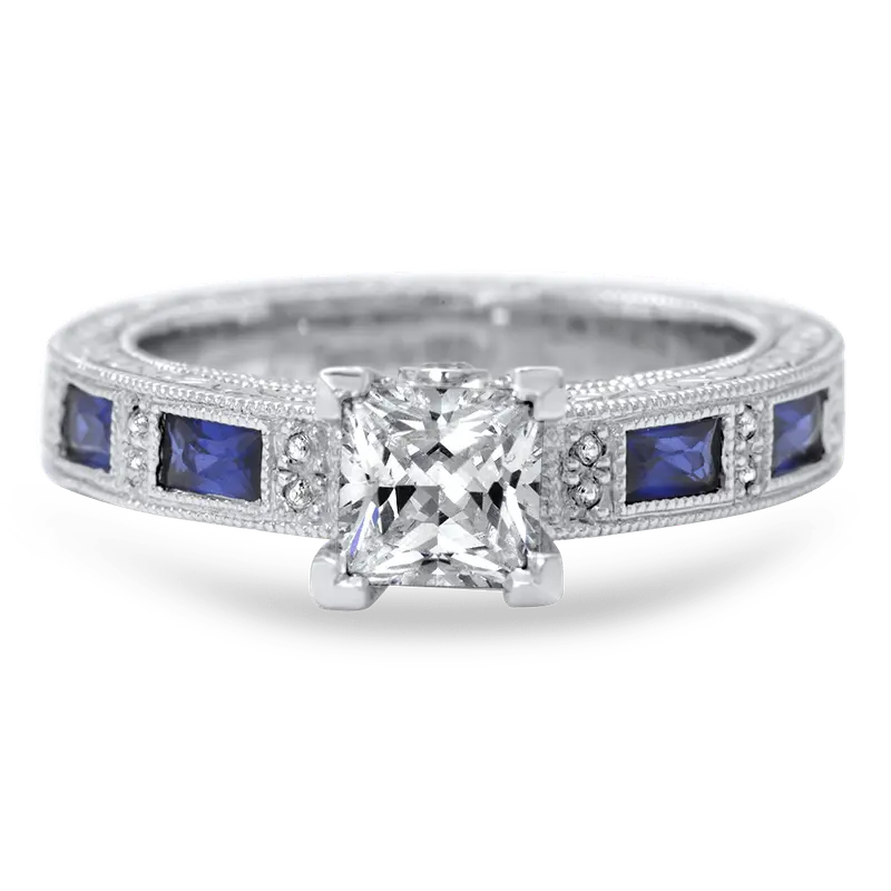 Sapphire and Diamond Engraved Engagement Ring