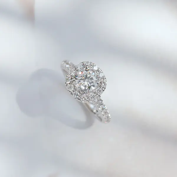 Square Cushion Halo Engagement Ring With Cathedral