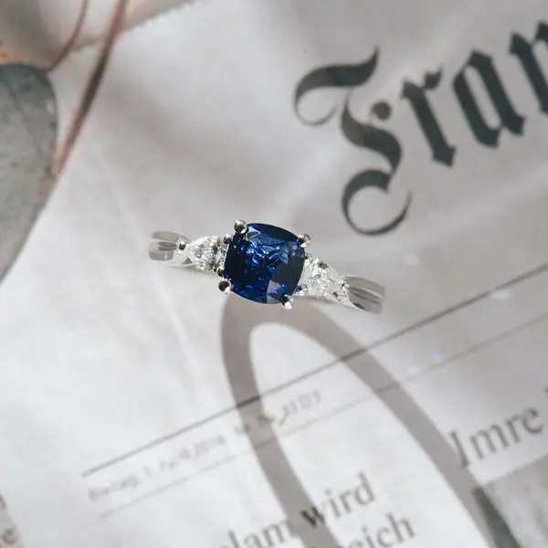 Square Cushion Blue Sapphire 3 Stone Engagement Ring With Pear