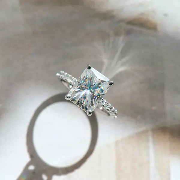 Moissanite Radiant Engagement Ring With Hidden Halo And Pavé