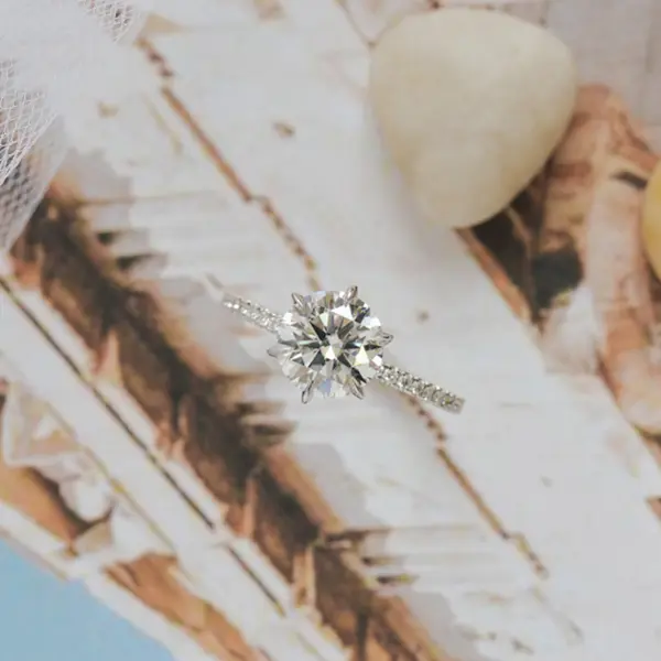 Round Engagement Ring With Pavé Band and 6-Prong Setting