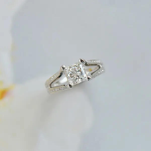 Square Cushion Engagement Ring With Split-Shank And Pavé Band