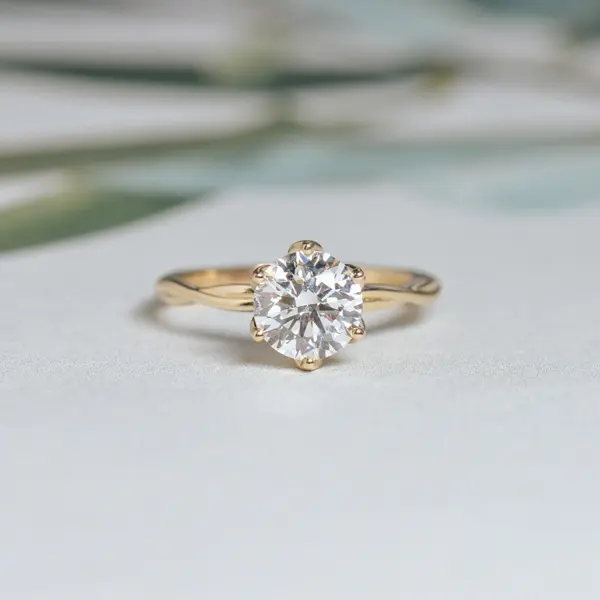 Subtle Twist Band Flower Petal Prong Round Engagement Ring