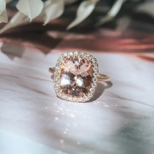 Cushion Morganite Engagement Ring WIth Halo