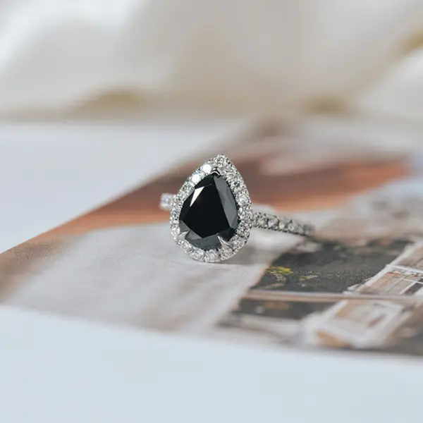 Black Diamond Halo Pear Engagement Ring