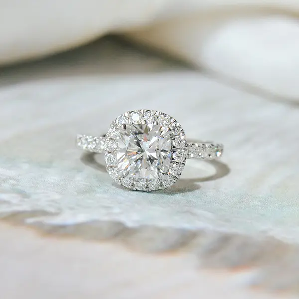 Cushion Halo Engagement Ring With Pavé Band