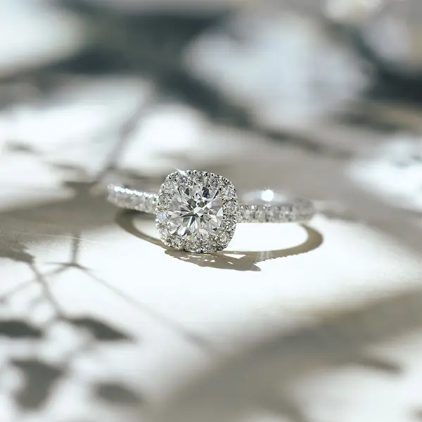 Round Engagement Ring With Cushion Halo and Cathedral