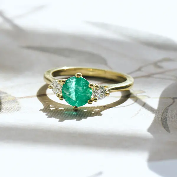 Round Green Emerald 3-Stone Engagement Ring