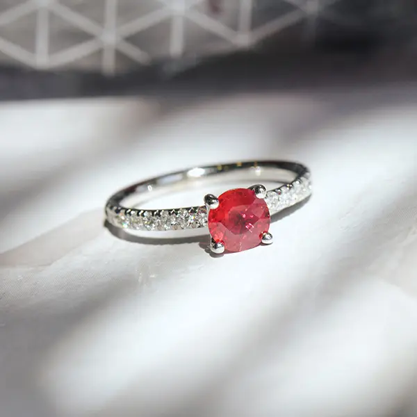 Round Ruby Engagement Ring With Pavé Band