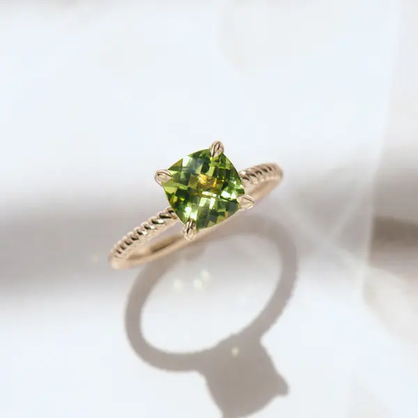 Peridot Cushion Engagement Ring With Braided Band