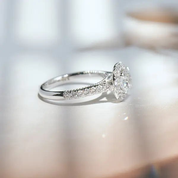 Square Cushion Halo Engagement Ring With Cathedral-side