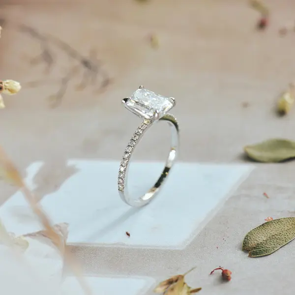 Radiant Cut Solitaire Engagement Ring With Pavé Band-side