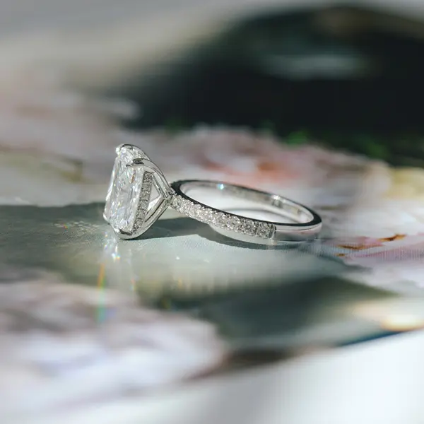 Radiant Engagement Ring With Hidden Halo Between The Claws - Side