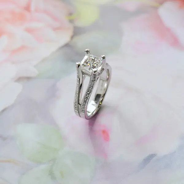 Square Cushion Engagement Ring With Split-Shank And Pavé Band-side