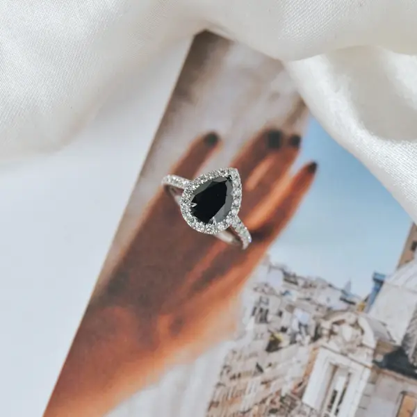 Black Diamond Halo Pear Engagement Ring-side