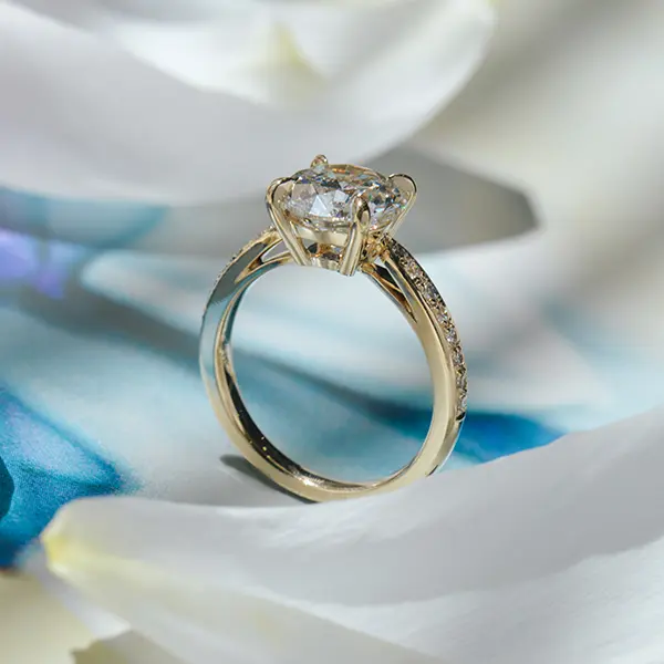 Round Engagement Ring With Pavé and Tapered Band - Profile