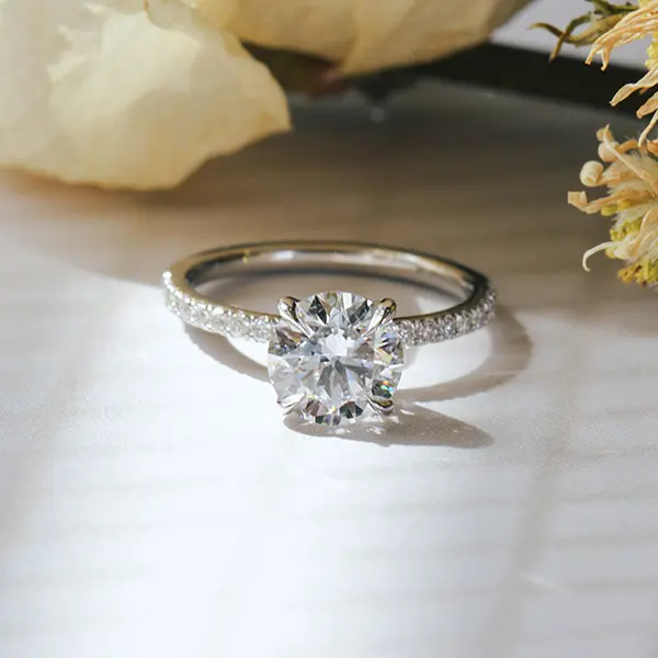 Round Engagement Ring With Pavé Band-side