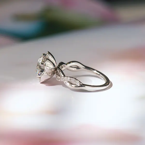 Round Petal Halo Engagement Ring With Twist Band-side