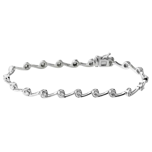 White gold bracelet of curved S-shaped links, each holding one round diamond, with a box clasp