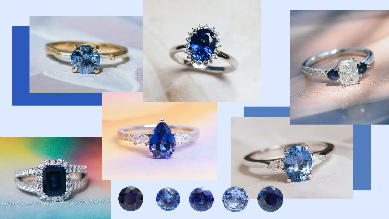 Collage of blue sapphire engagement rings in white and yellow gold with loose blue sapphires, poster for the sapphire video