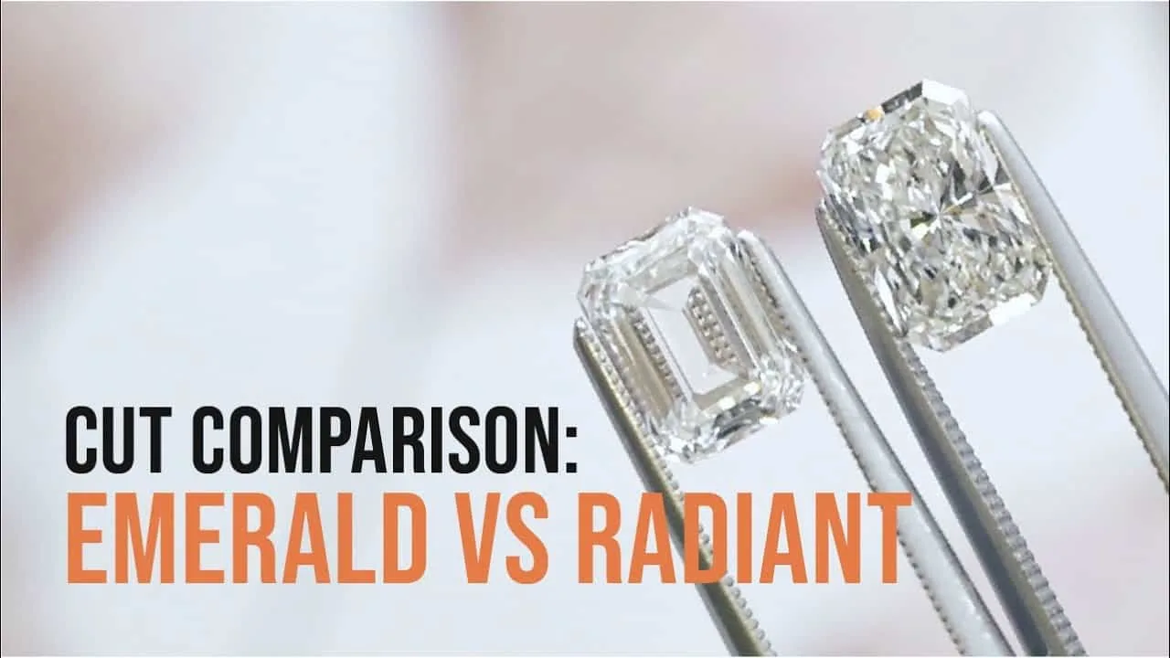 Video poster: Cut comparison, emerald vs radiant, an emerald cut and a radiant cut diamond each held in tweezers