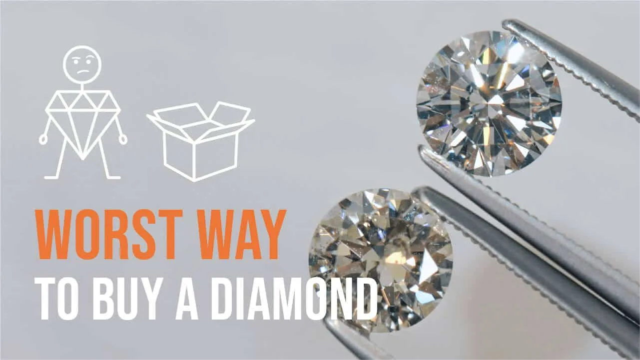 Video poster: Worst way to buy a diamond, round diamonds in tweezers beside a sketched diamond figure and a box