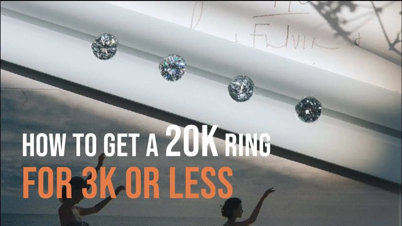 Video poster: How to get a 20K ring for 3K or less, four loose round diamonds in a row on a white stand