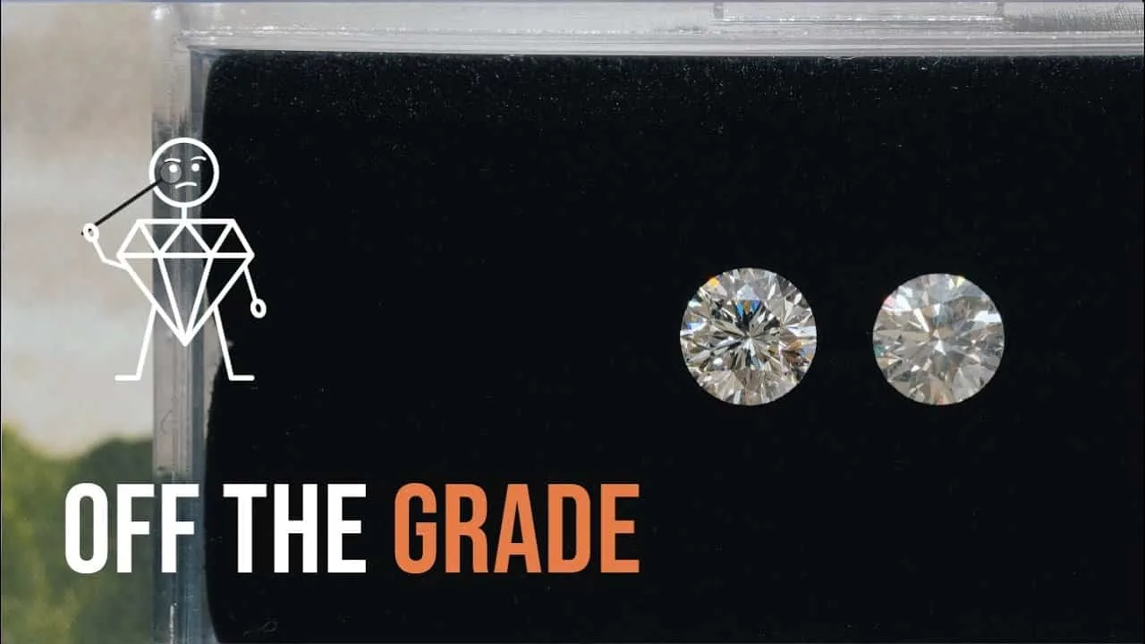 Video poster: Off the grade, two loose round diamonds on black beside a sketched diamond figure with a loupe