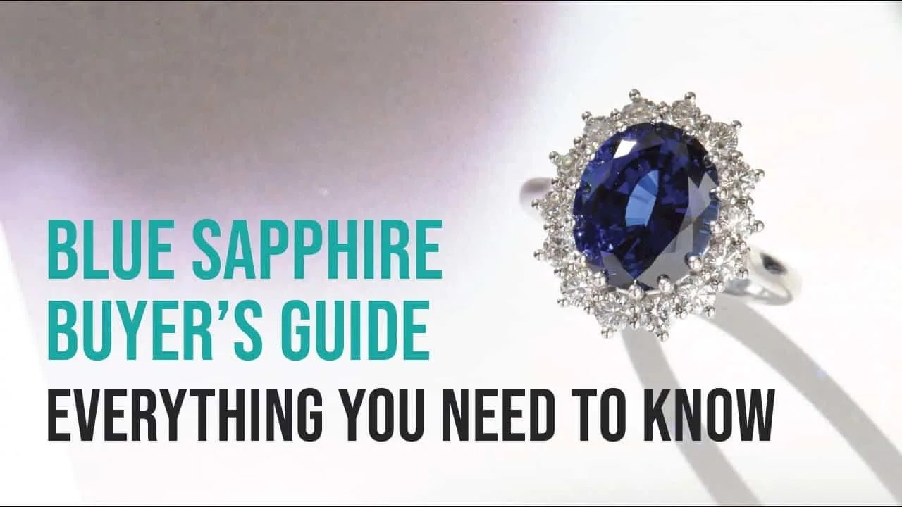 Video poster: Blue sapphire buyer's guide, an oval blue sapphire ring in a diamond halo