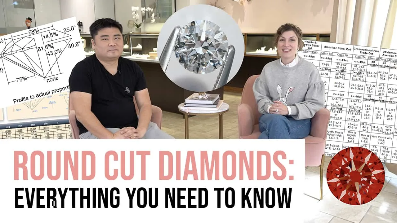 Video poster: Round cut diamonds, everything you need to know, two presenters in the studio beside a round brilliant diamond