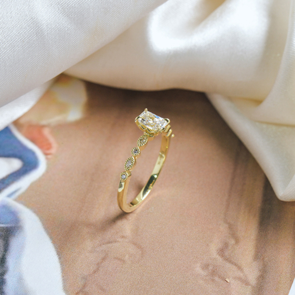 Vintage Style Radiant Engagement Ring With Milgrain Pavé-side