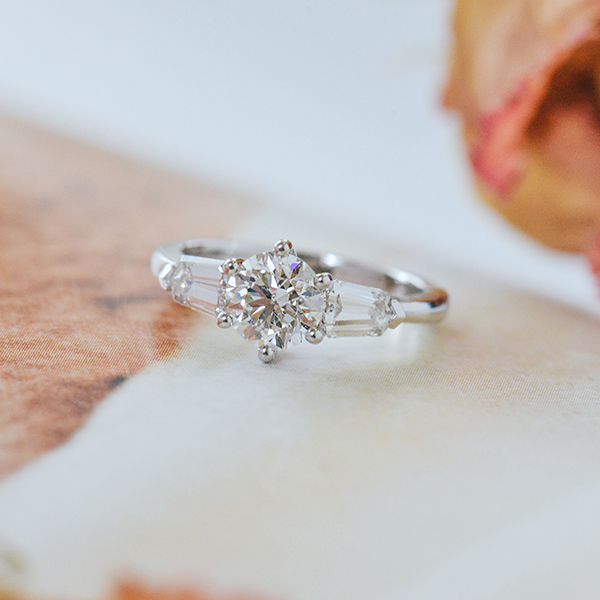 Round 3-Stone Engagement Ring With Tapered Step-Cut Bullet Side Stones-top