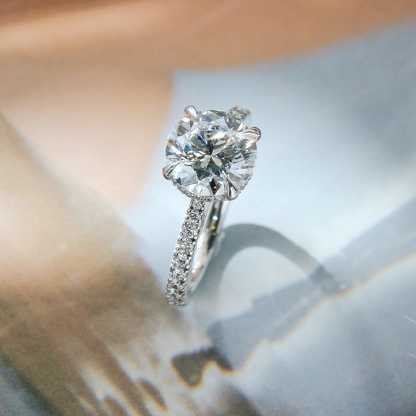 Round Hidden Halo Engagement Ring With Pavé Band-top