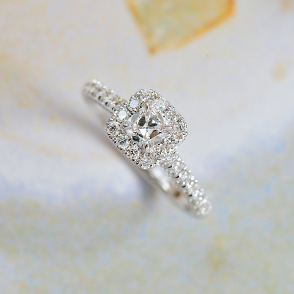 Cushion Halo Engagement Ring With Peekaboo Gemstones-side