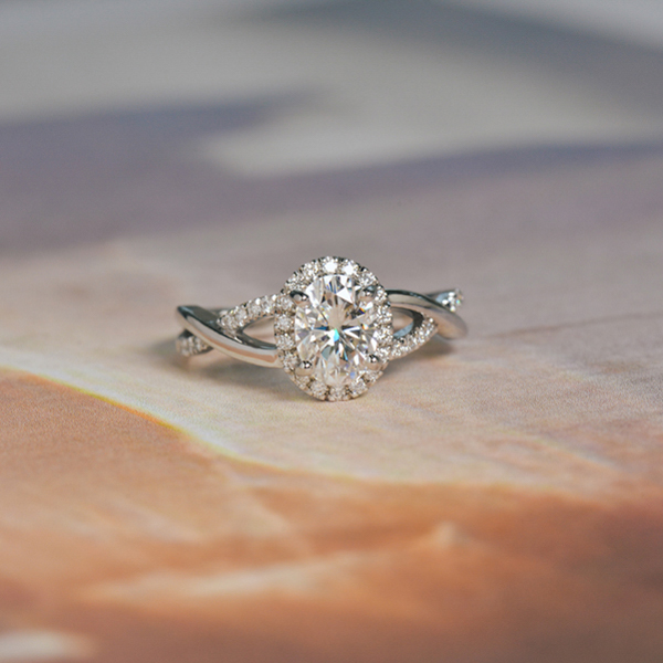 Halo Oval Engagement Ring With Pavé and Split-Shank Band-top