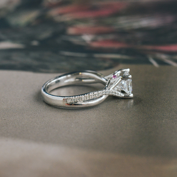 Princess Engagement Ring With Cathedral Trellis and Split-Shank Band-side